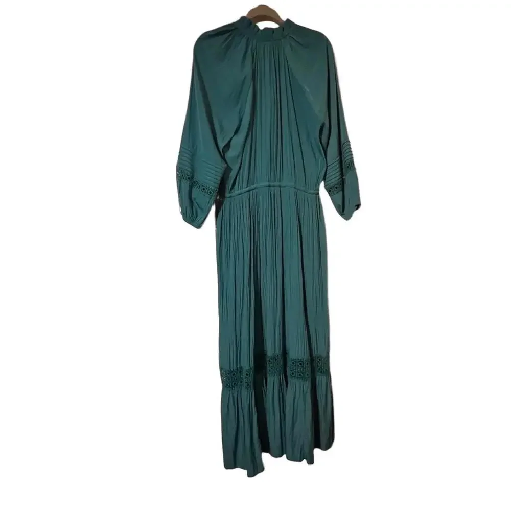 Chicos Maxi Dress 12 Green Bohemian Flowy Waist Tiered Lace - Picture 4 of 9